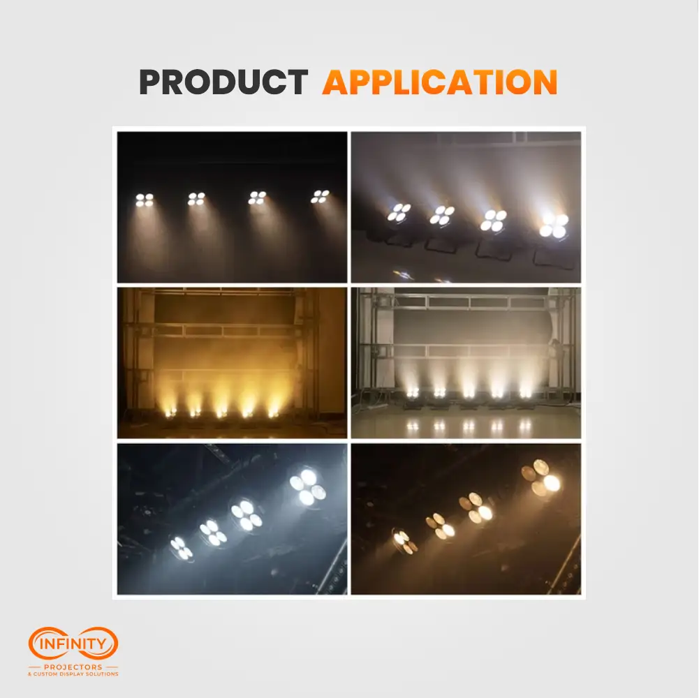 Six stage photos of quad-lens blinders washing trusses and backdrops in warm and cool white light