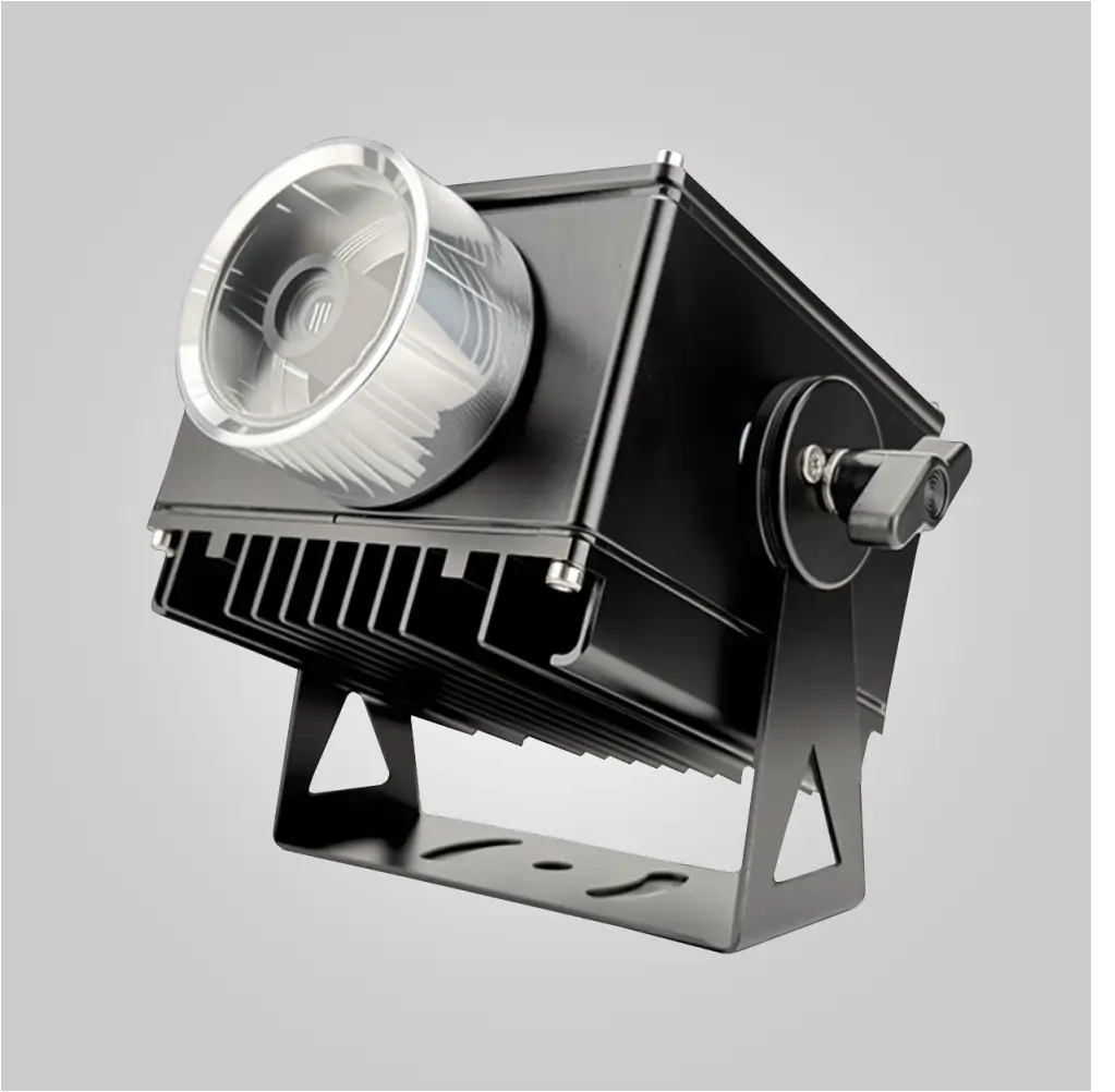 Close-up front angle of the laser line projector lens with rotating adjustment ring and bracket knob
