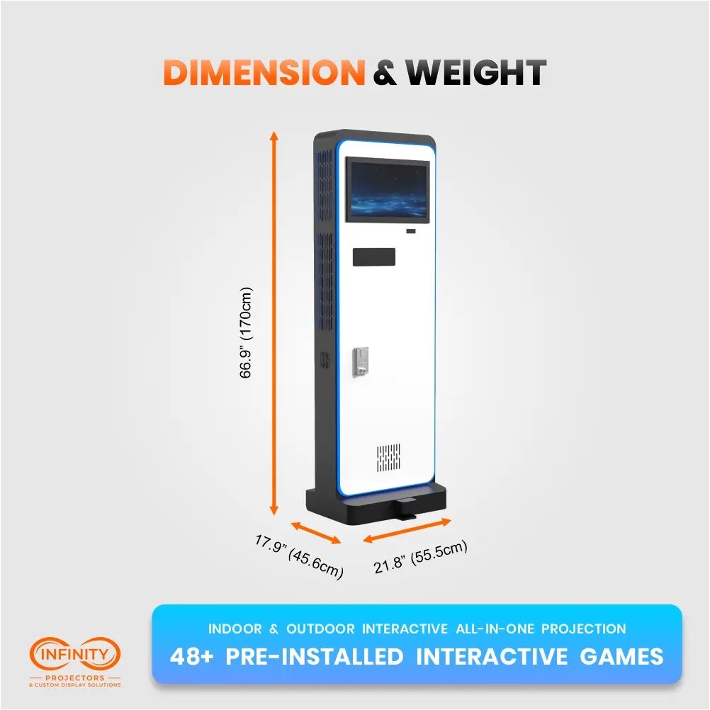 Dimension diagram of the interactive floor projector kiosk: 66.9 in tall on a 21.8 x 17.9 in base