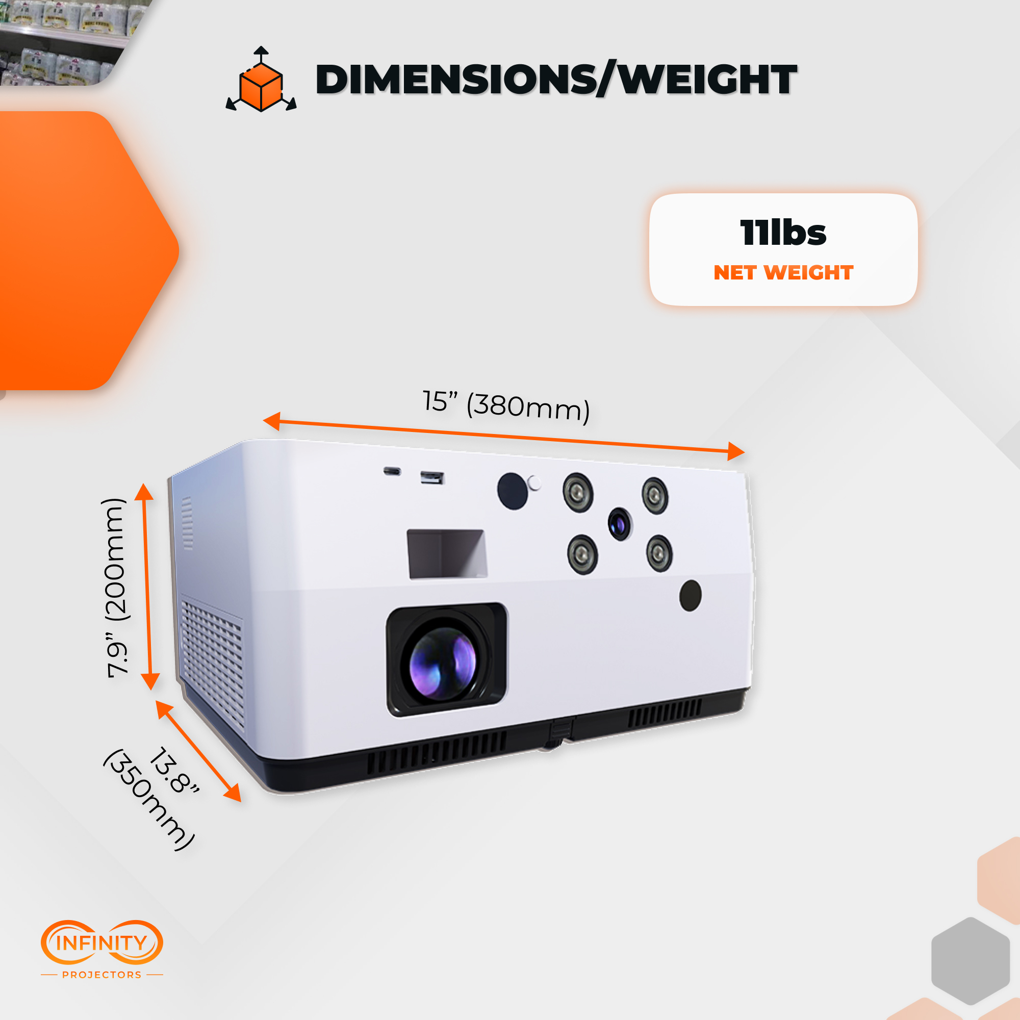 Interactive projector dimensions: 15 x 13.8 x 7.9 inches, 11 lbs net weight