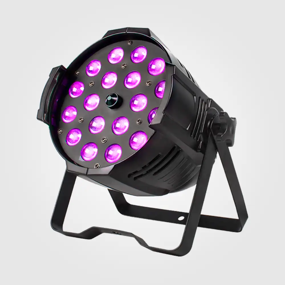 Left-angled view of the zoom LED par light with 18 magenta-lit lenses and side-vented housing