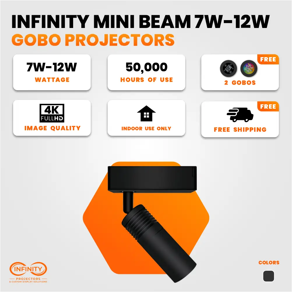 Infinity Mini Beam 7W-12W gobo projector feature card: 4K image quality, 50,000-hour LED, two free gobos