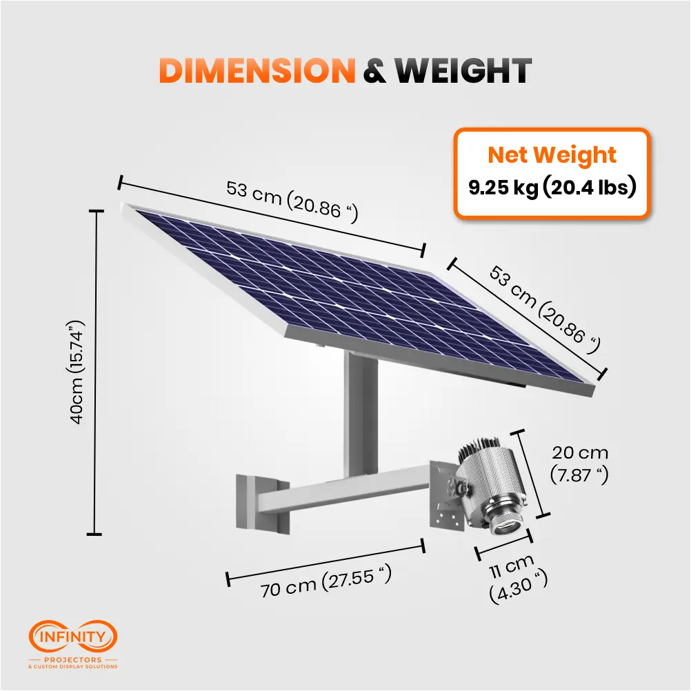 Dimension diagram of solar gobo projector: 53 x 53 cm panel, 70 cm arm, 9.25 kg net weight
