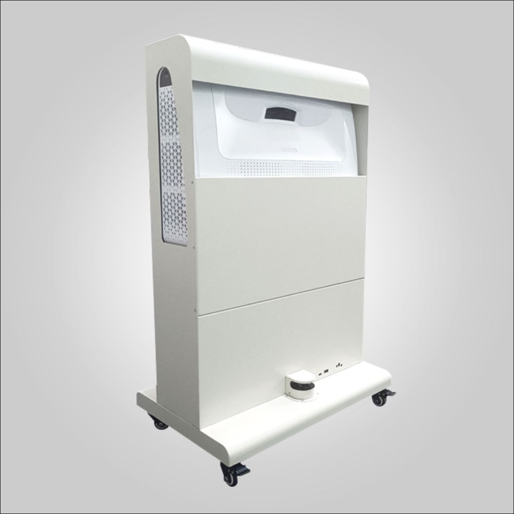 White interactive floor projector tower on locking casters, angled side view showing cooling vent