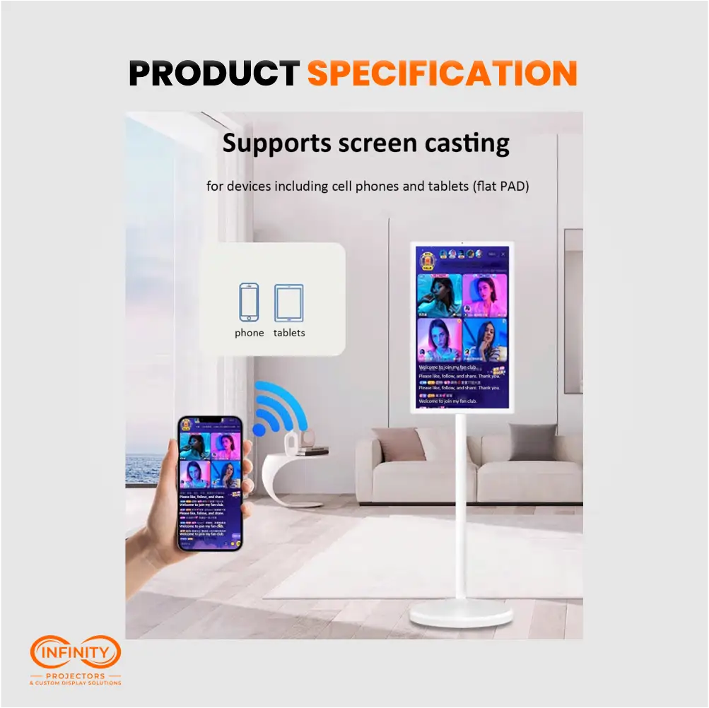 Phone casting a livestream to the portable touchscreen display stand in a bright living room