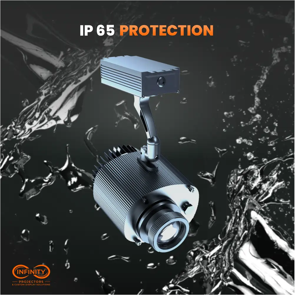 IP65 protection graphic with water splashing around the wall-mounted FlexMount outdoor gobo projector