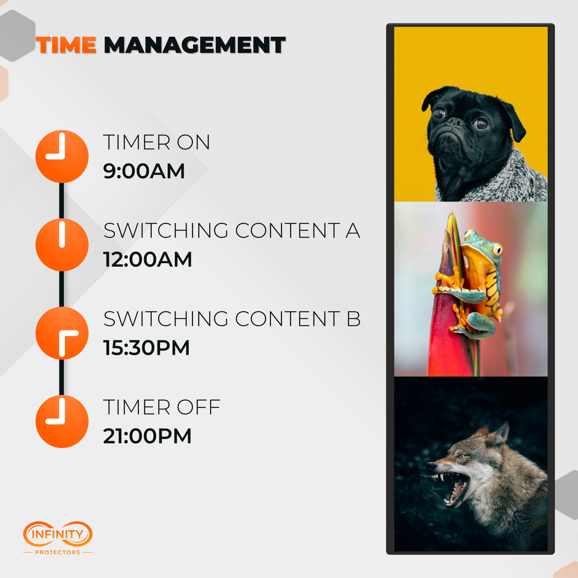 Time management feature: scheduled on, off and content-switch times beside a vertical stretched bar display