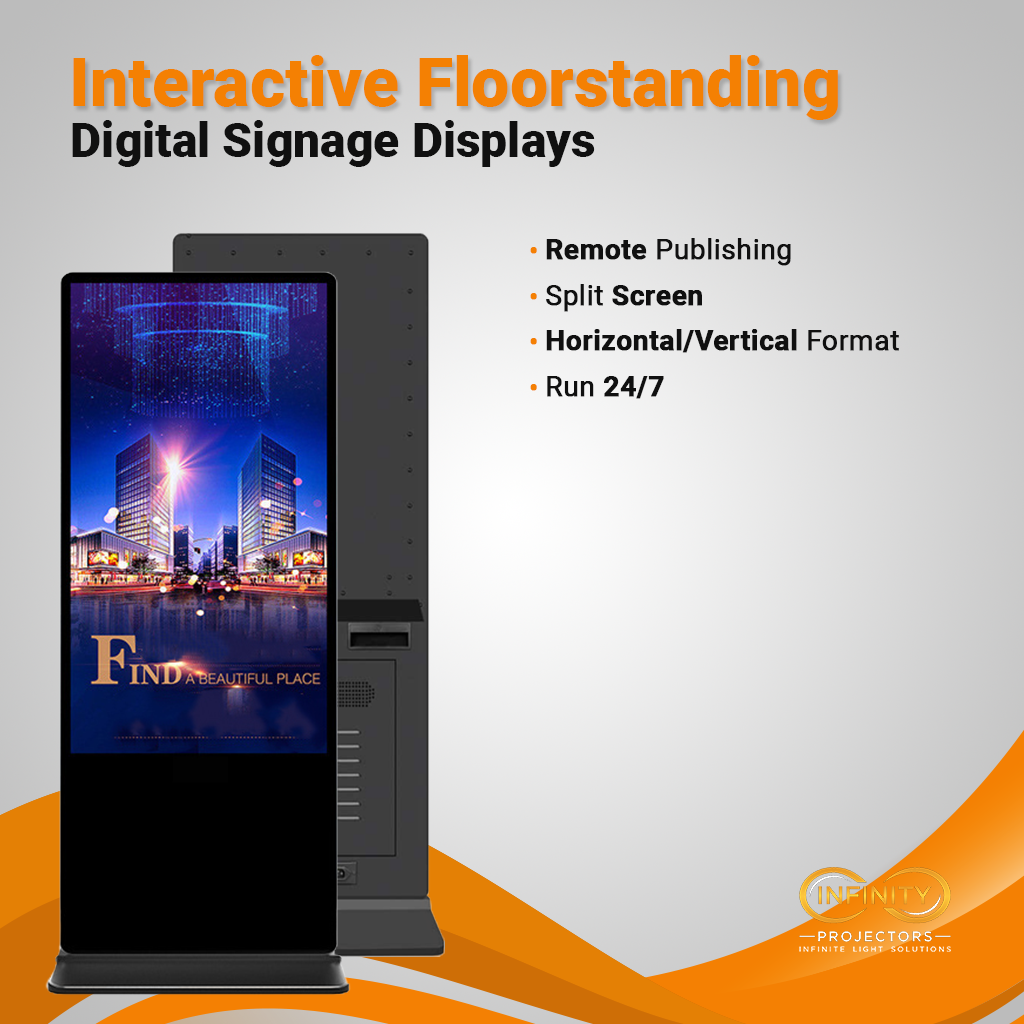 Floorstanding signage kiosk banner highlighting remote publishing, split screen and 24/7 operation