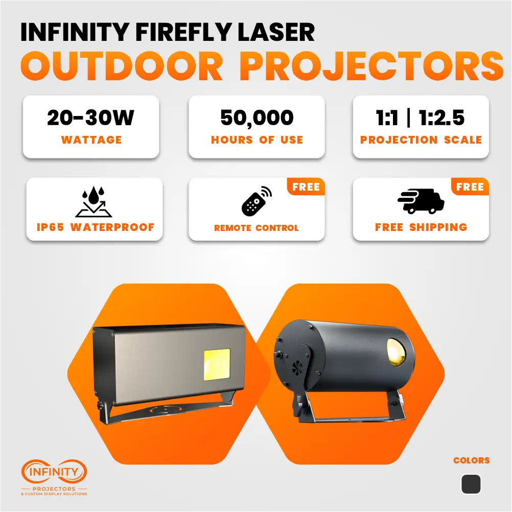 Firefly outdoor laser projector overview: 20-30W, 50,000-hour life, IP65 waterproof, free remote