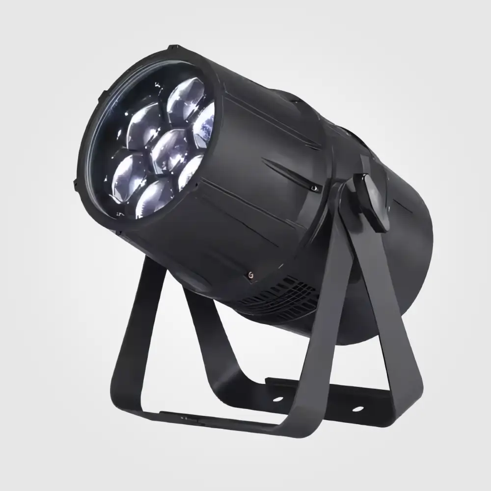 Left-angled view of the seven-lens LED zoom par with white beams lit and mounting yoke