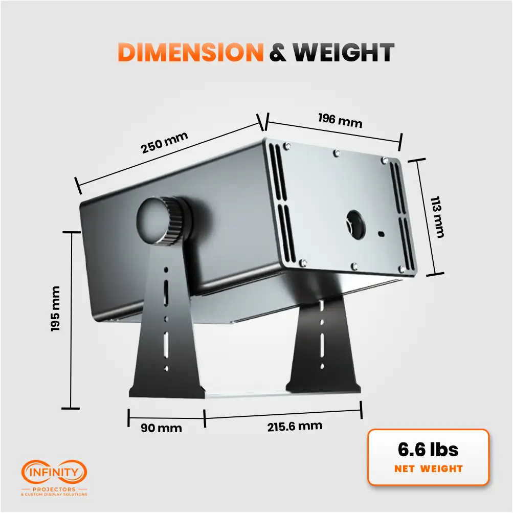 Dimension diagram of outdoor video projector: 250 x 196 x 113 mm housing, 6.6 lbs net weight