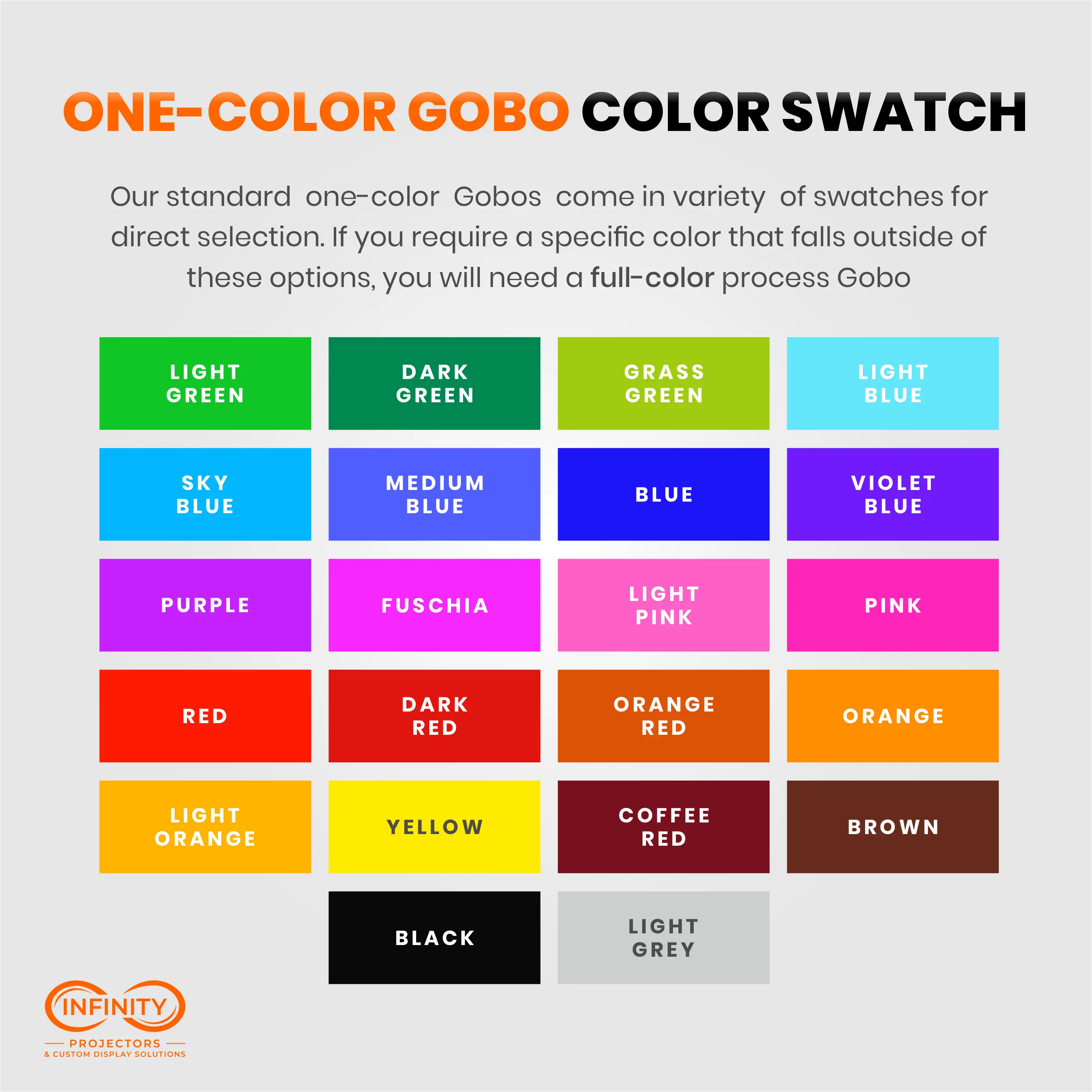 One-color gobo color swatch chart with 22 standard colors for custom gobo projector orders
