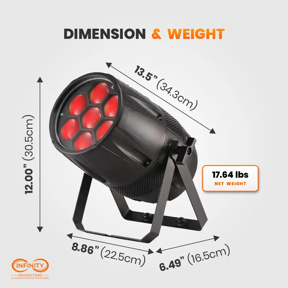 Dimension diagram of the LED zoom par: 13.5 by 12 by 8.86 inches, 17.64 lbs net weight