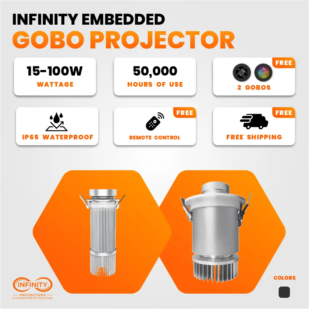Infinity Embedded gobo projector feature card: 15-100W, IP65 waterproof, free remote control and two gobos