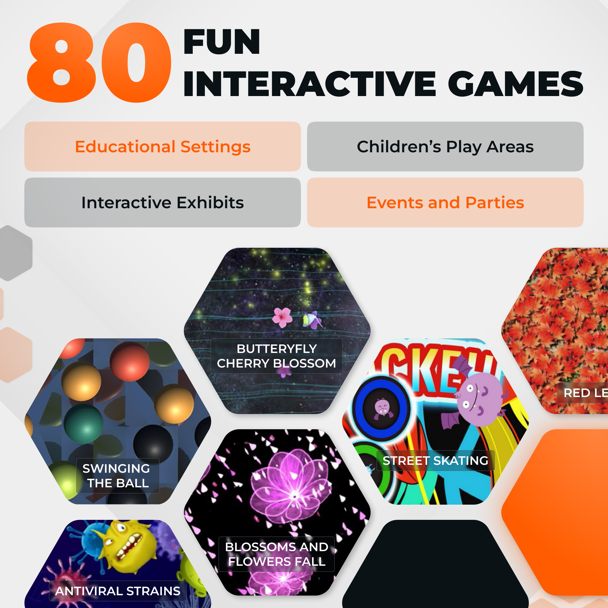 80 interactive games graphic for the floor projector, with tiles like Swinging the Ball and Street Skating