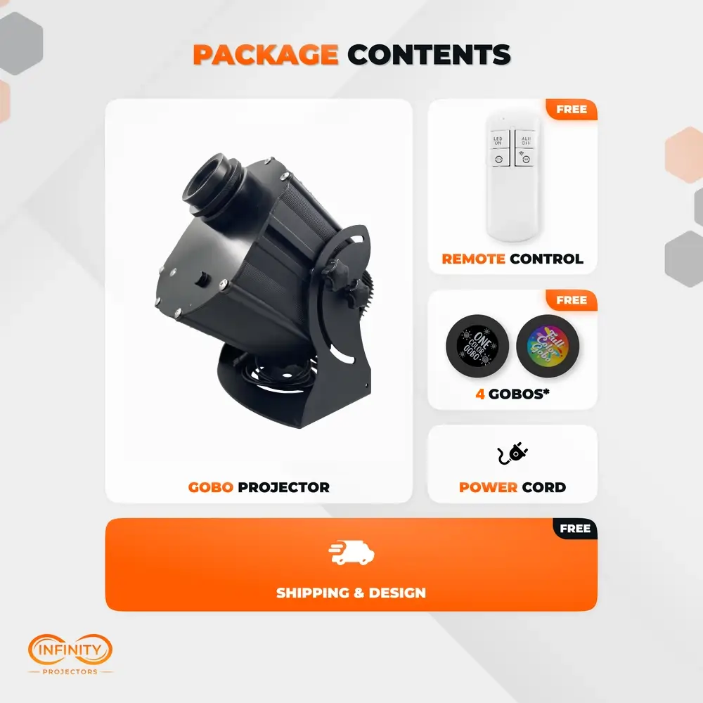 Package contents: gobo projector with free remote control, four gobos, power cord, and free shipping