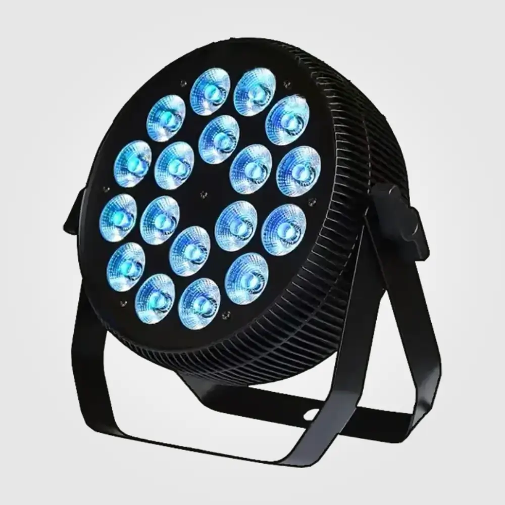 Angled view of the 18-lens indoor LED par can with teal-blue lit lenses and ribbed aluminum housing