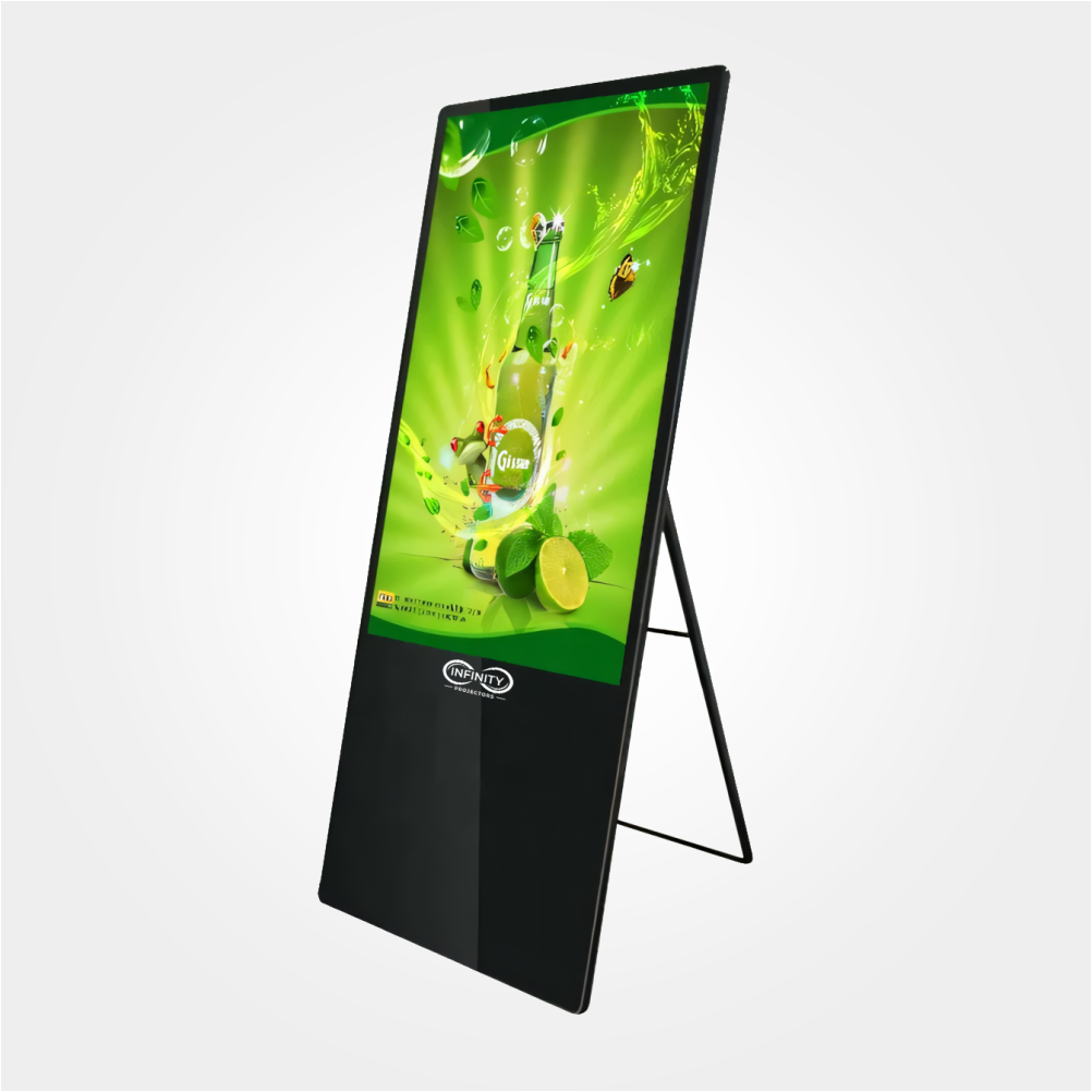 Front-left view of the foldable digital signage screen on its folding stand displaying a drink promotion