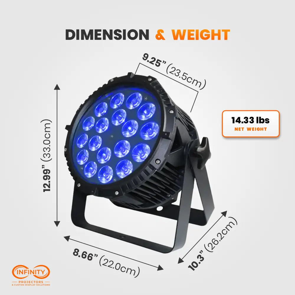 Dimension diagram of BeamCan par can: 8.66 x 12.99 x 9.25 inches, 14.33 lb net weight