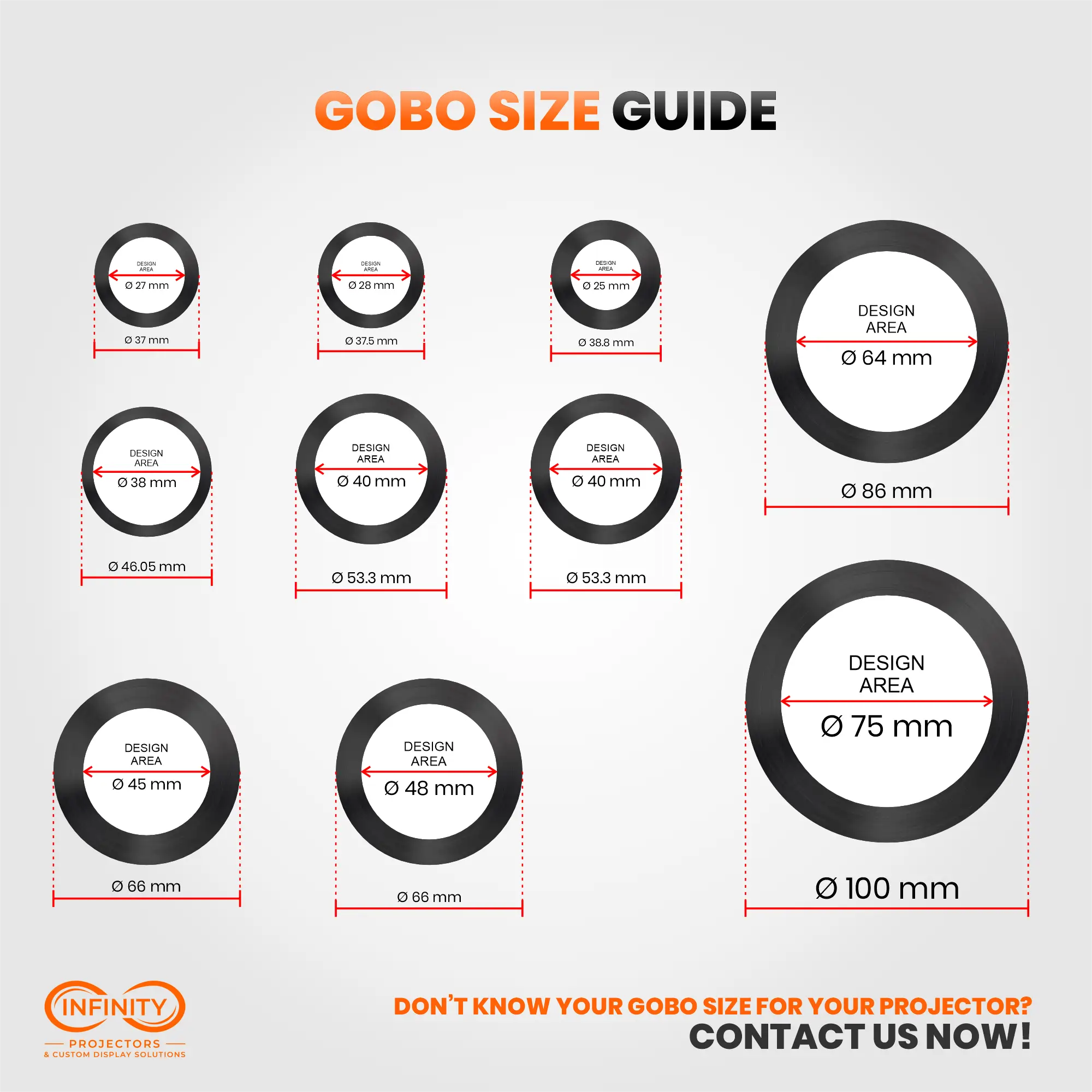 Diagram of gobo slide diameters with printable design areas from 25 mm to 75 mm