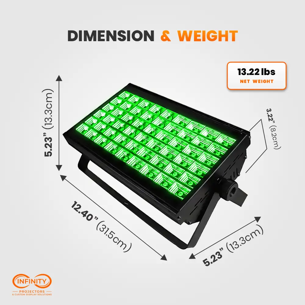 Dimension diagram of the LED wash panel: 12.40 by 5.23 by 3.22 inches and 13.22 lb net weight