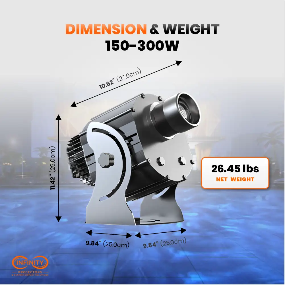 Dimension and weight diagram of the 150-300W water ripple projector: 10.62 x 9.84 in, 11.42 in tall, 26.45 lbs