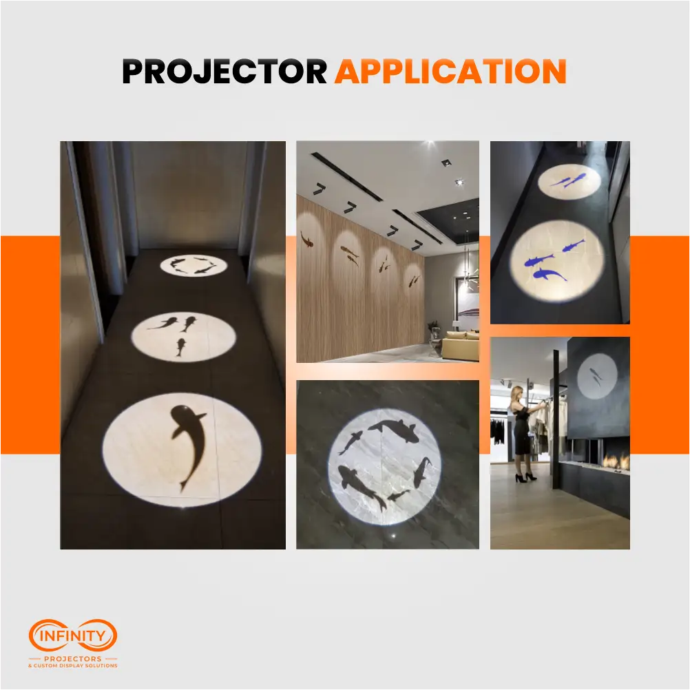 Application collage: Mini Beam gobo projectors casting fish patterns on hallway floors and feature walls