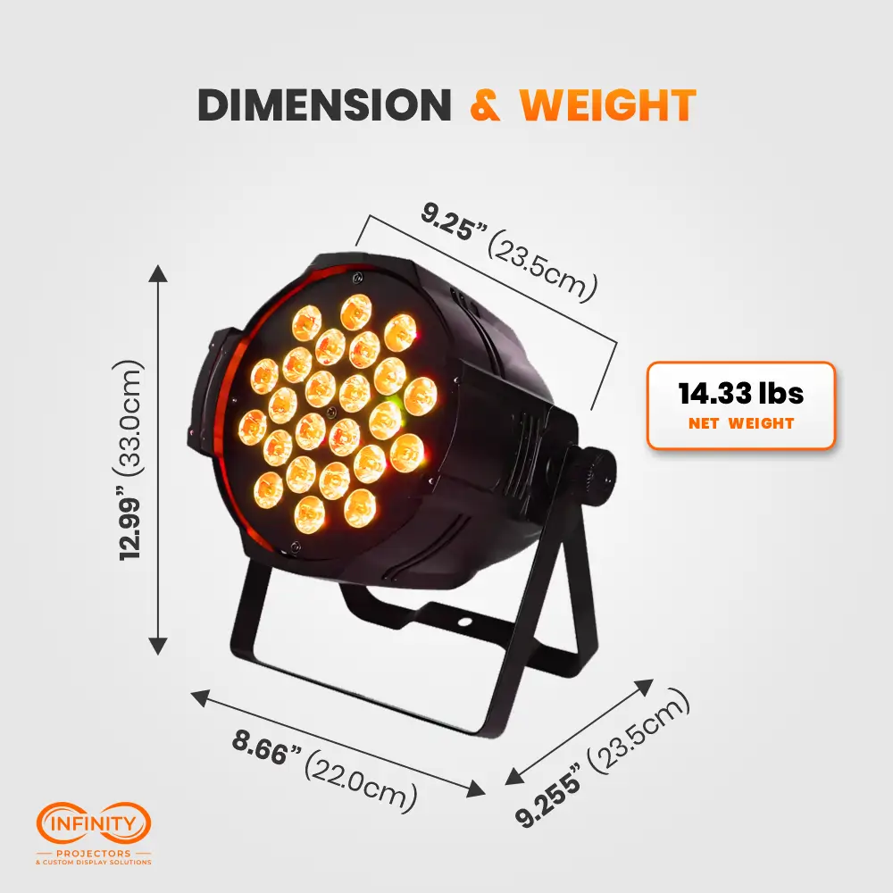 Dimension and weight diagram of the 6-in-1 LED par light: 12.99 by 9.25 by 8.66 inches, 14.33 lb