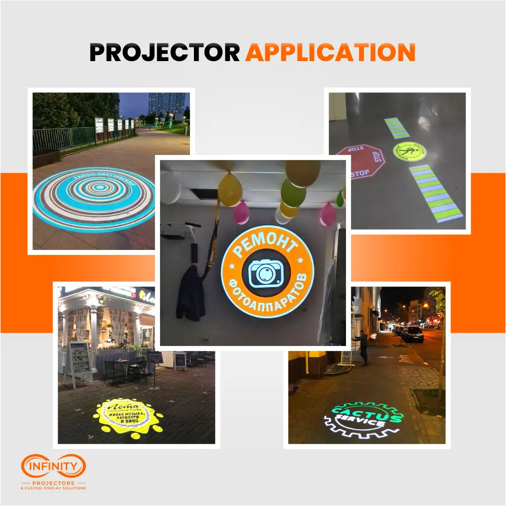 Collage of outdoor gobo projections: sidewalk ads, safety crosswalk signs and shop logos at night