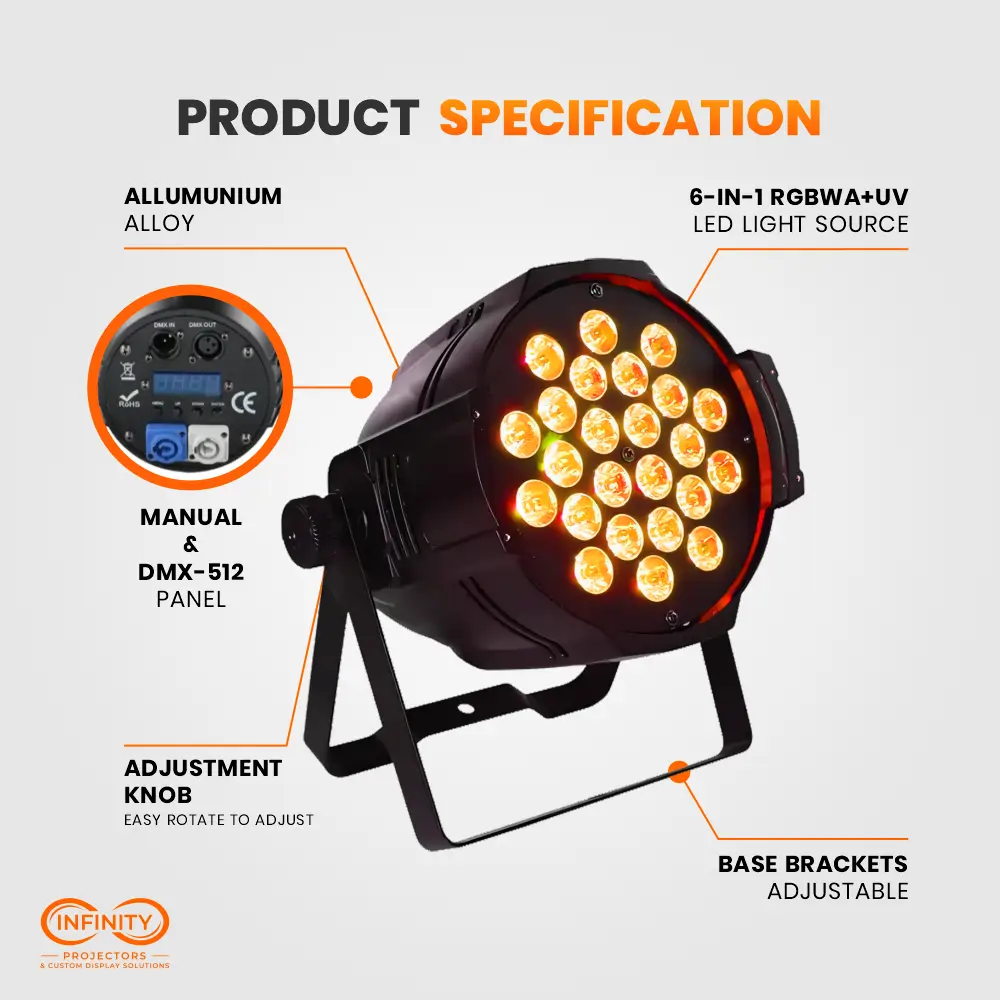 Spec callouts for the 6-in-1 RGBWA+UV LED par light: aluminum alloy body, DMX-512 panel, and adjustable base brackets