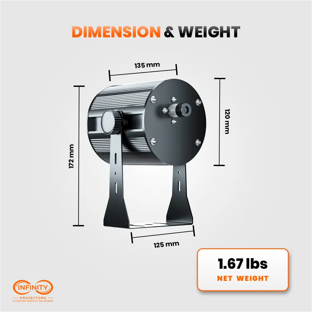 Dimension diagram of the laser safety line projector: 135 x 120 mm body, 172 mm tall bracket, 1.67 lbs
