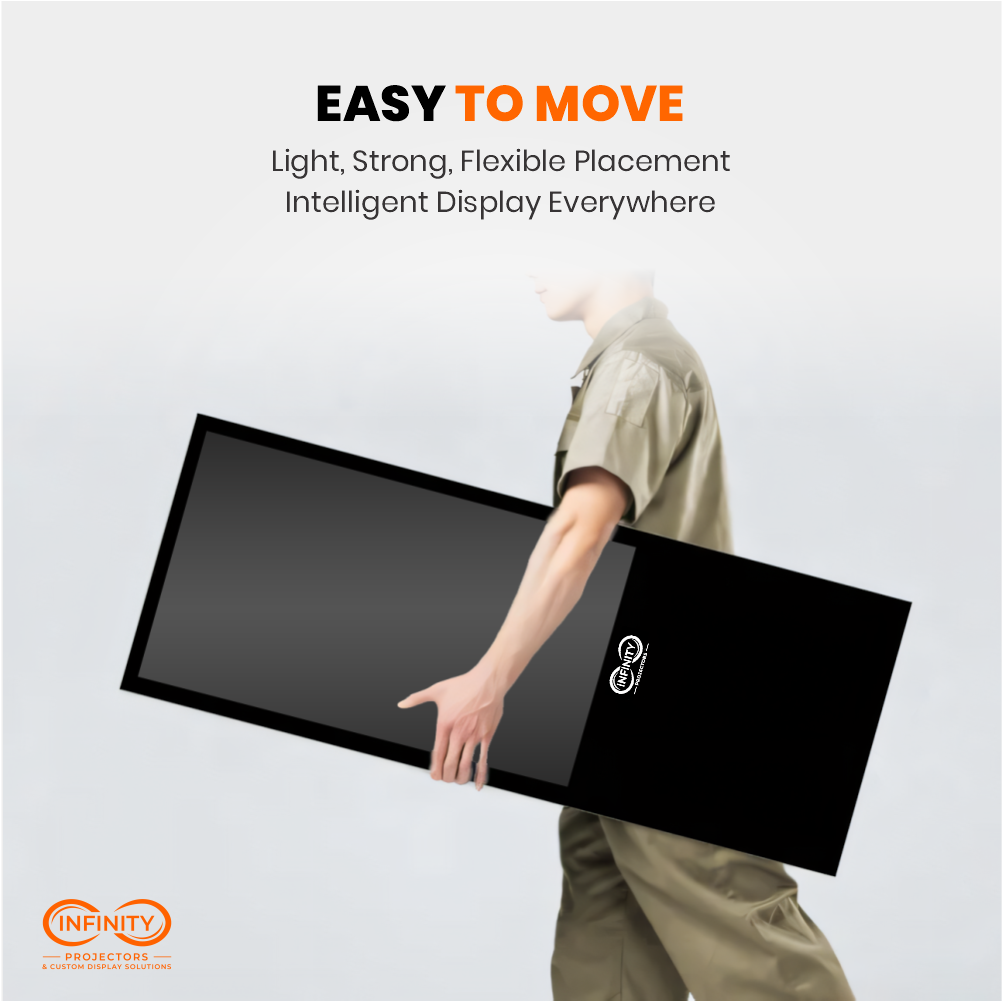 Worker carrying the slim foldable signage display under one arm, showing its light portable build