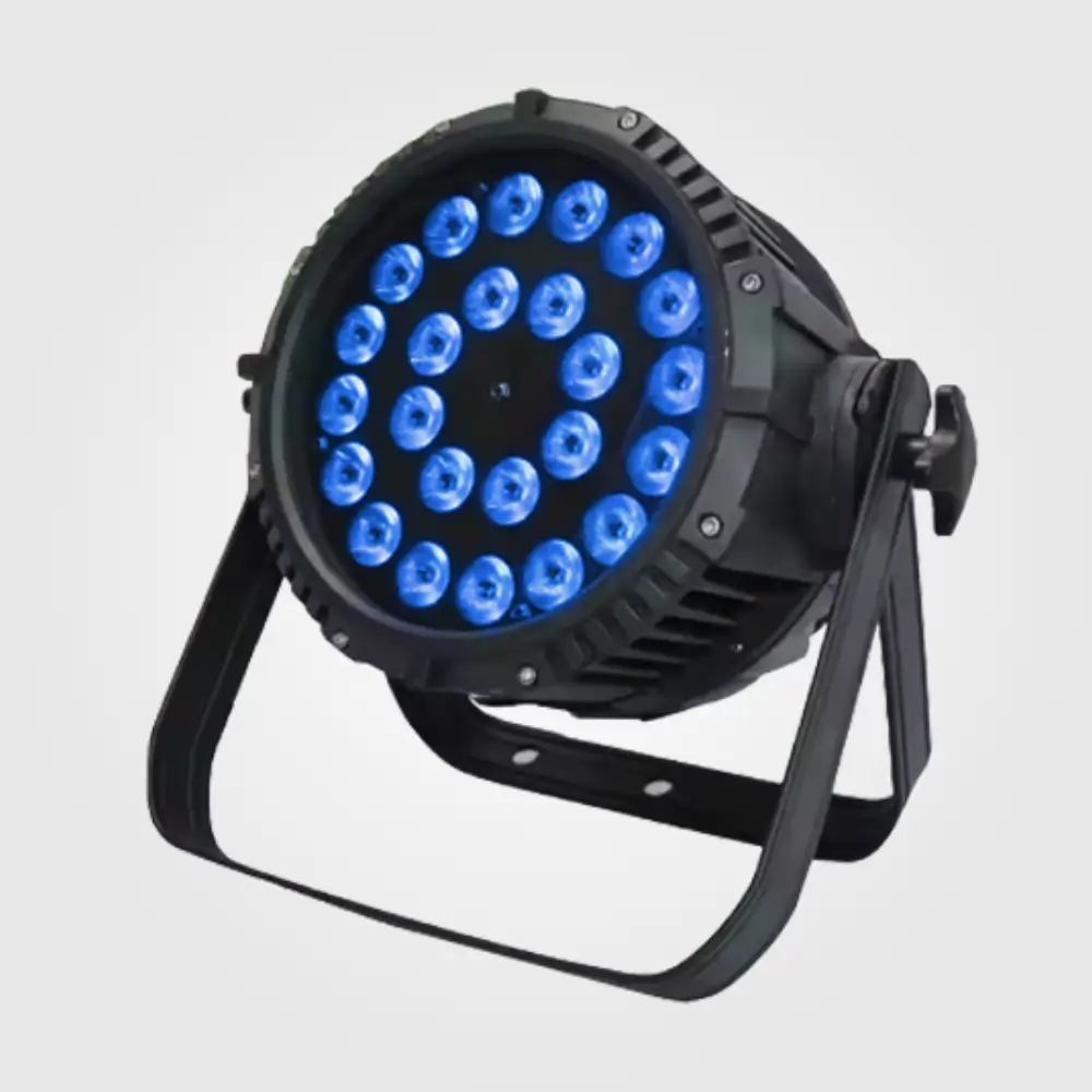 24x12W waterproof LED par light viewed from the right with blue LEDs and tilt knob on its yoke bracket