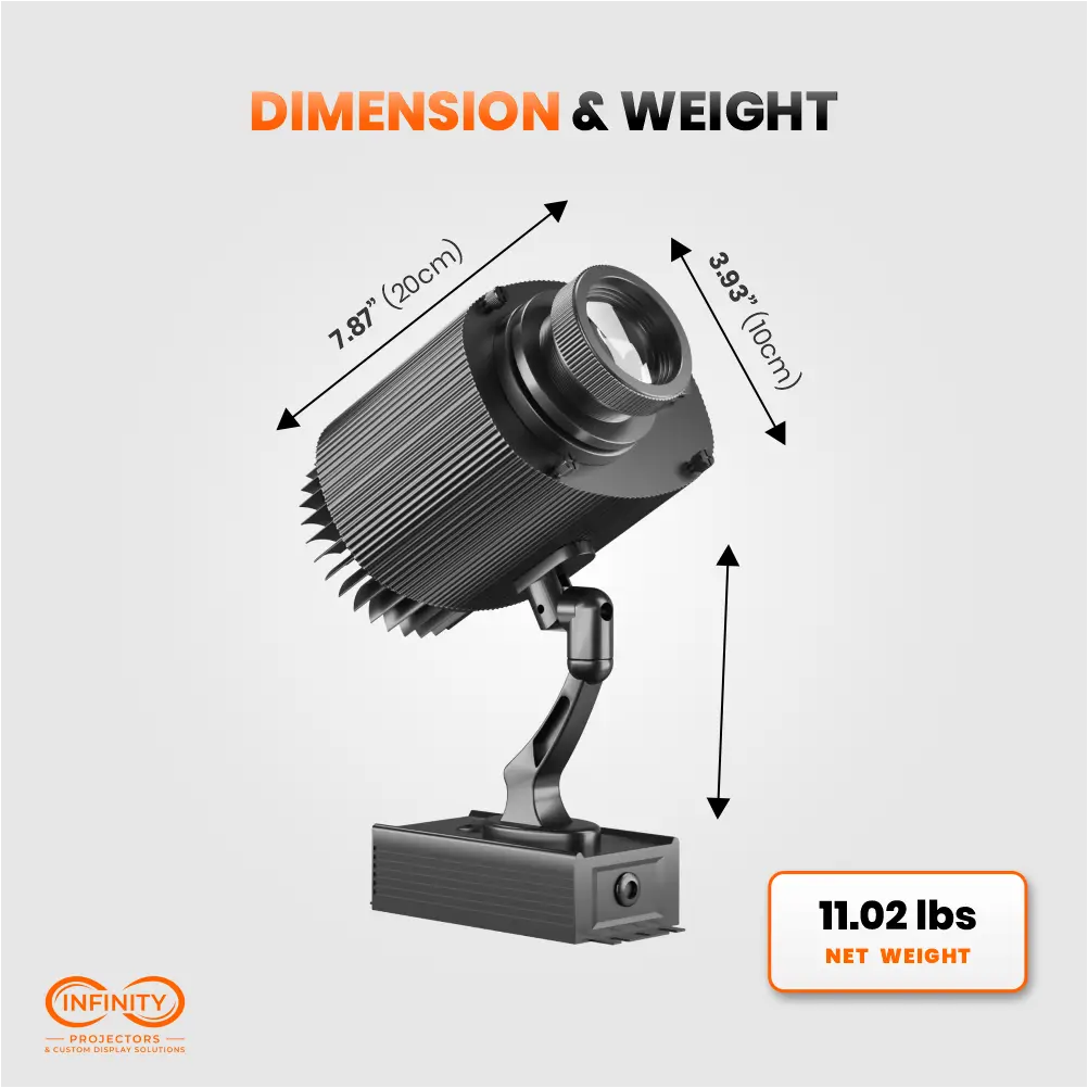 Dimension and weight diagram of the FlexMount outdoor gobo projector: 7.87 by 3.93 inches, 11.02 lbs