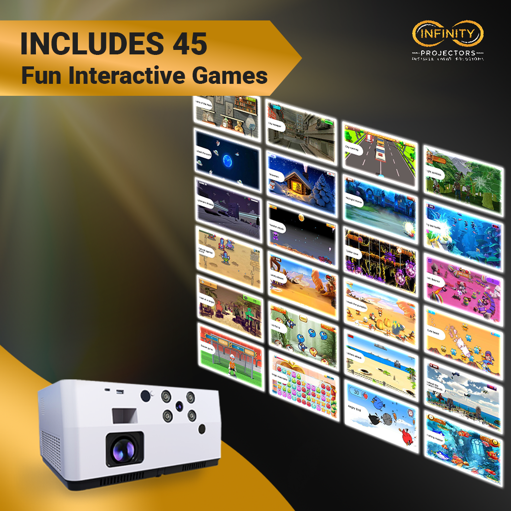 Grid of arcade-style game screens showing the 45 games included with the interactive all-in-one projector