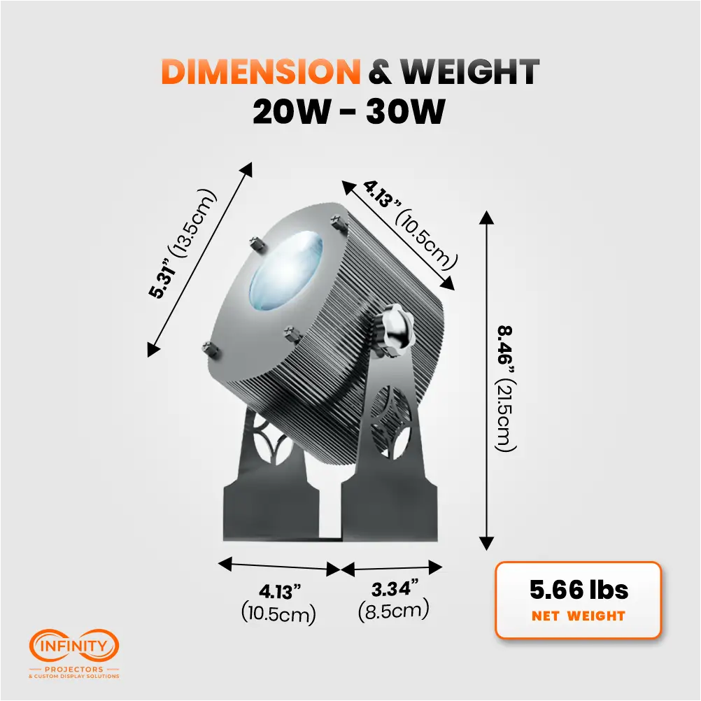 Dimension and weight diagram of round 20W-30W Starry Sky projector, 8.46 in tall, 5.66 lb net