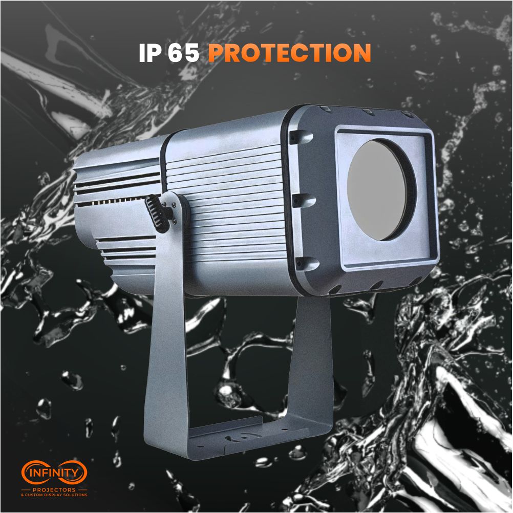 IP65 protection graphic: silver outdoor logo projector surrounded by water splashes on a black background