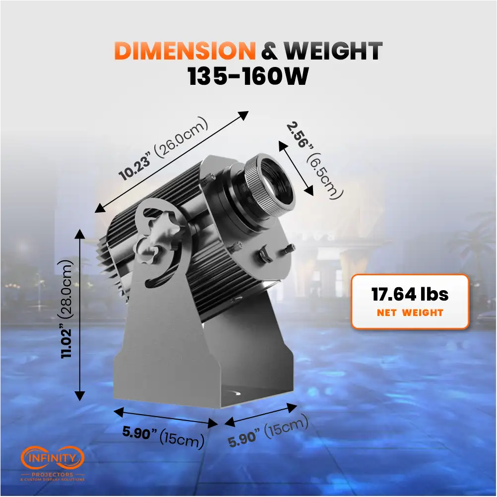 Dimension diagram of the 135-160W water ripple projector: 10.23 in long, 11.02 in tall, 17.64 lbs