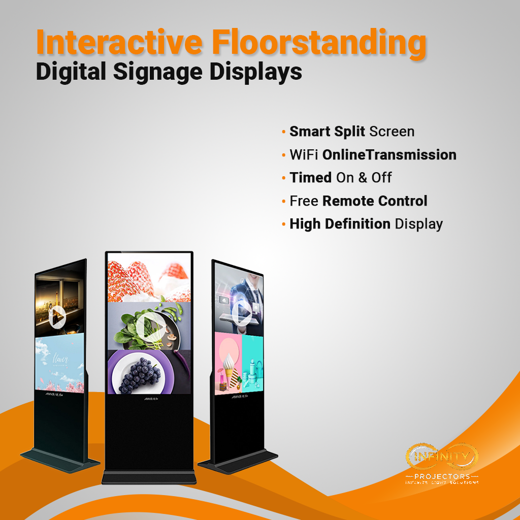 Orange banner of three floorstanding digital signage kiosks listing smart split screen and WiFi features