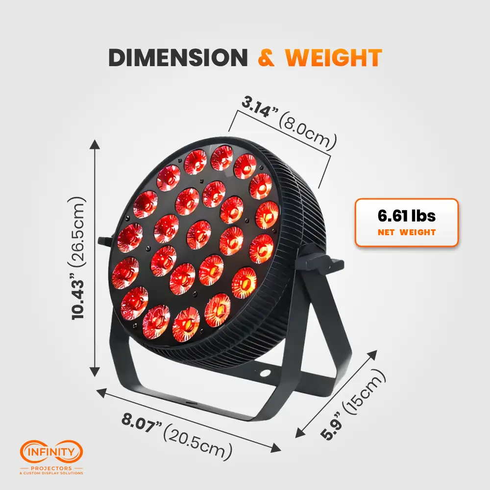 Size diagram of the slim indoor par can: 10.43 x 8.07 x 5.9 in and just 6.61 lb net weight