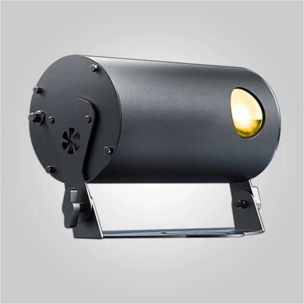 Side view of Firefly outdoor laser projector on its mounting bracket, lens lit warm yellow
