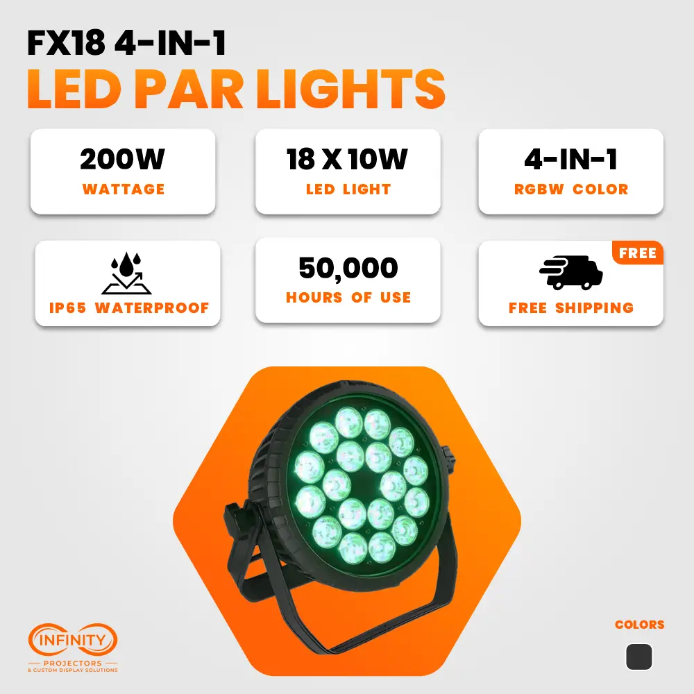 Spec card for FX18 LED par light: 200W, 18x10W RGBW, IP65 waterproof, 50,000-hour lifespan