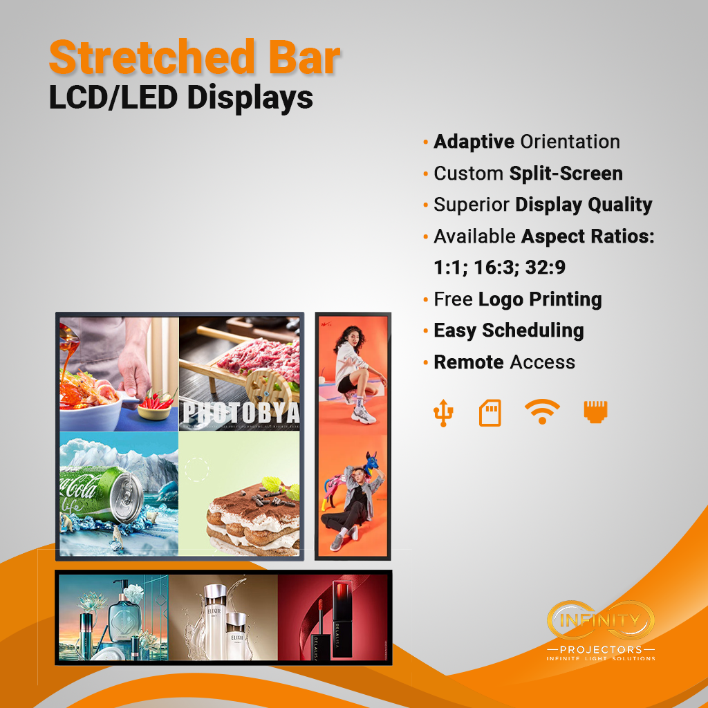 Stretched bar LCD digital signage banner listing split-screen, aspect ratio and free logo printing features