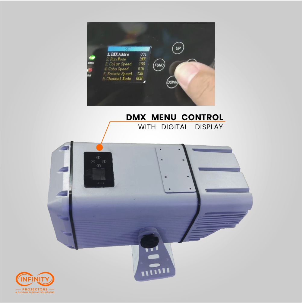 DMX menu control with digital display on the high-wattage gobo projector, with close-up of the onboard settings screen