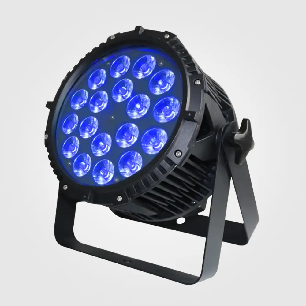 BeamCan LED par can facing left, 18 RGBW lenses glowing blue on rugged black yoke