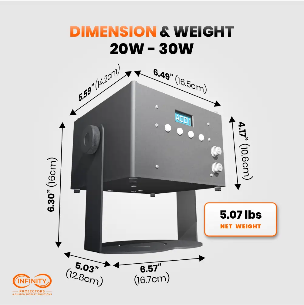 Dimension and weight diagram of 20W-30W Starry Sky controller unit, 6.49 in wide, 5.07 lb net