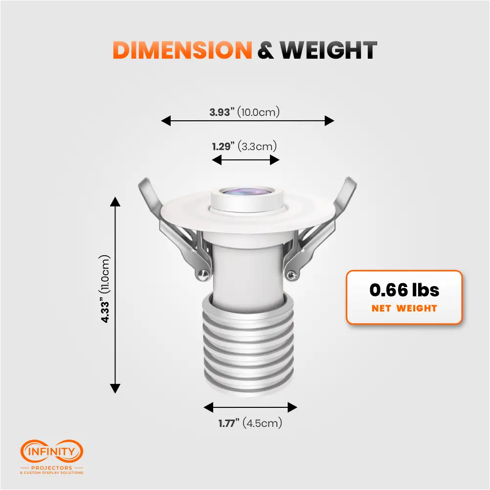 Dimension diagram of the recessed gobo projector: 3.93 by 4.33 inches, 0.66 lbs net weight