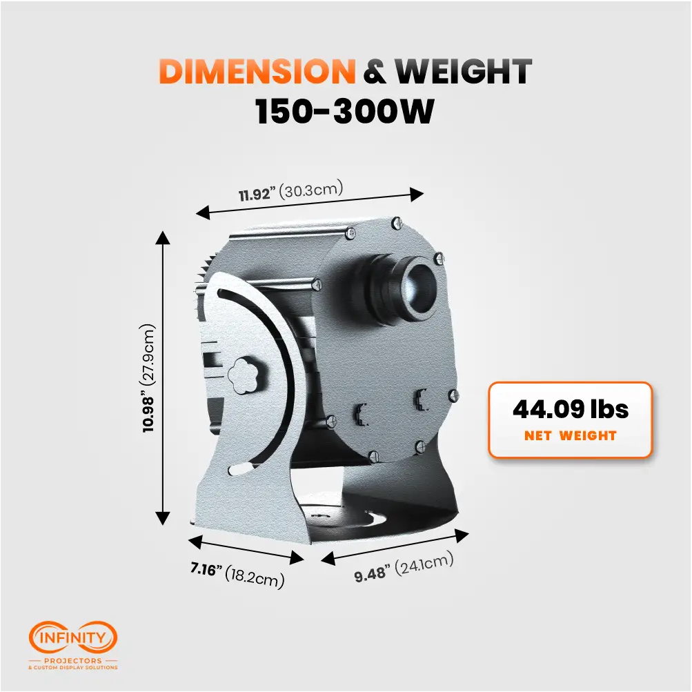 Dimension and weight diagram for the 150-300W gobo projector in silver: 11.92 in wide, 44.09 lbs