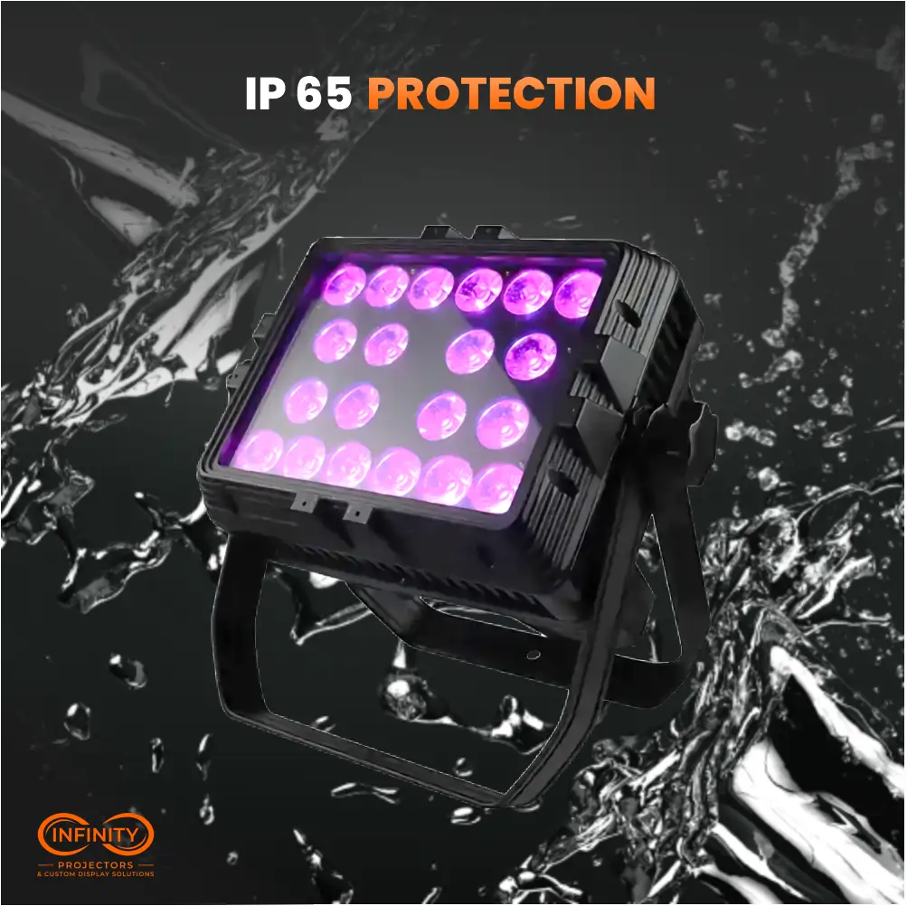 Square outdoor LED wash panel with purple lenses amid dramatic water splashes, showing IP65 rain protection
