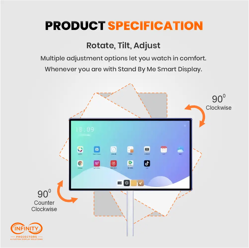 Spec graphic showing the touchscreen display stand rotating 90 degrees clockwise and counterclockwise